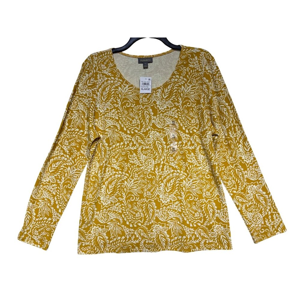 Style & Co Womens XL Yellow & White Floral Long Sleeve Shirt 60% Cotton 40% Poly